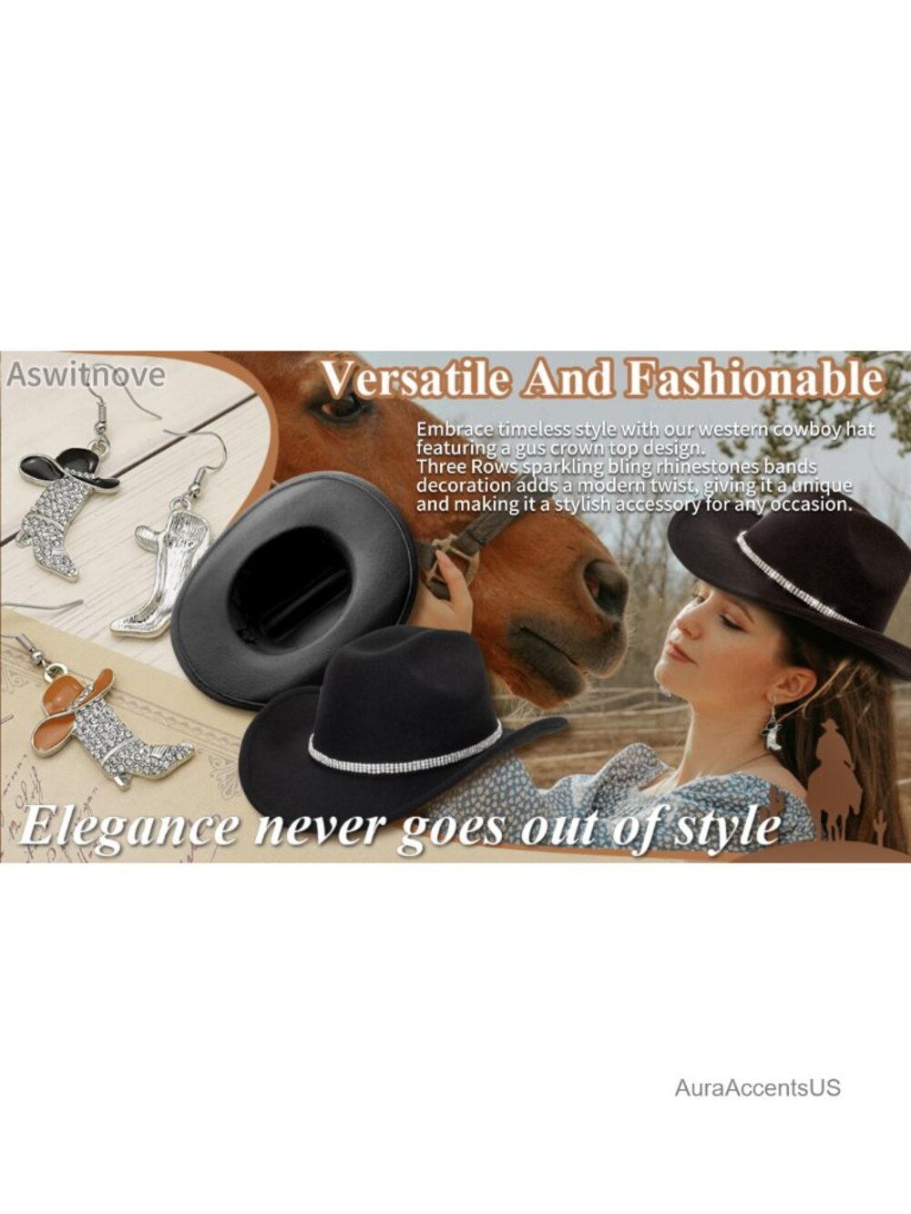 Cowboy Hat Rhinestone Band Boot Earrings Set Western Rodeo - Picture 6 of 6